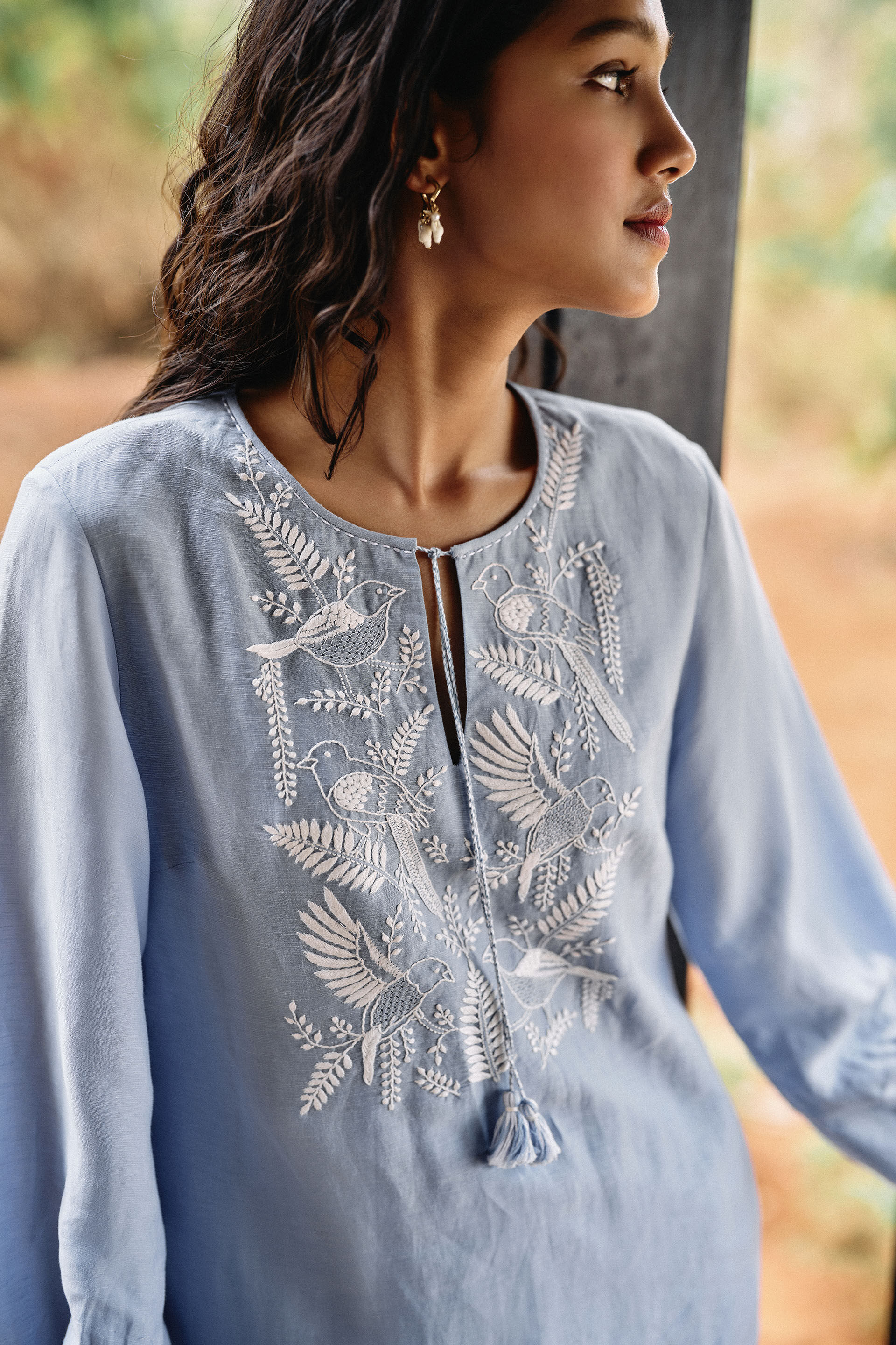 Cloud Sky Hand-embroidered Chikankari Linen Co-ord - Blue, Blue, image 4